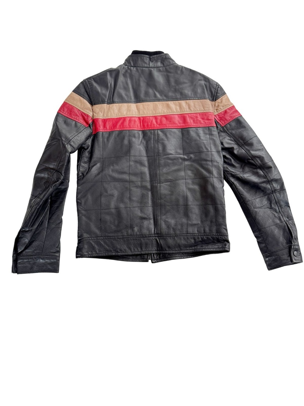 Vintage Cafe Racer Moto Leather Jacket with Red & Tan Chest Stripes - Picture 2 of 14